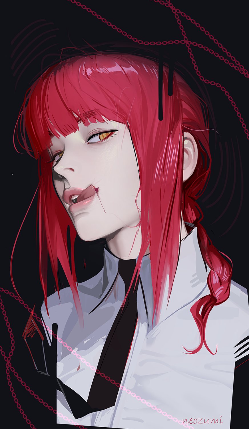 1girl, artist_name, black_background, black_necktie, blood, blood_on_face, braid, braided_ponytail