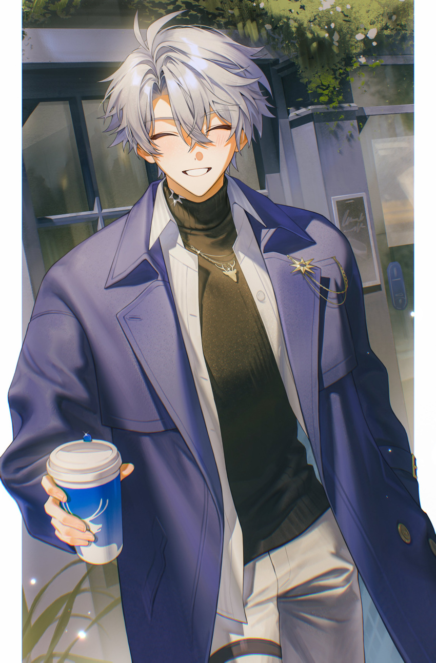 1boy, absurdres, antenna_hair, bear_necklace, black_sweater, blue_coat, closed_eyes, coat, crossed_bangs, cup, disposable_cup, facing_viewer, gold_necklace, grey_hair, grey_pants, grin, hair_between_eyes, highres, holding, holding_cup, honkai:_star_rail, honkai_(series), hsr_kkgru, jewelry, male_focus, necklace, official_alternate_costume, open_clothes, open_coat, open_shirt, pants, parted_bangs, phainon_(honkai:_star_rail), phainon_(luckin_coffee)_(honkai:_star_rail), shirt, short_hair, smile, solo, sweater, teeth, turtleneck, turtleneck_sweater, white_shirt