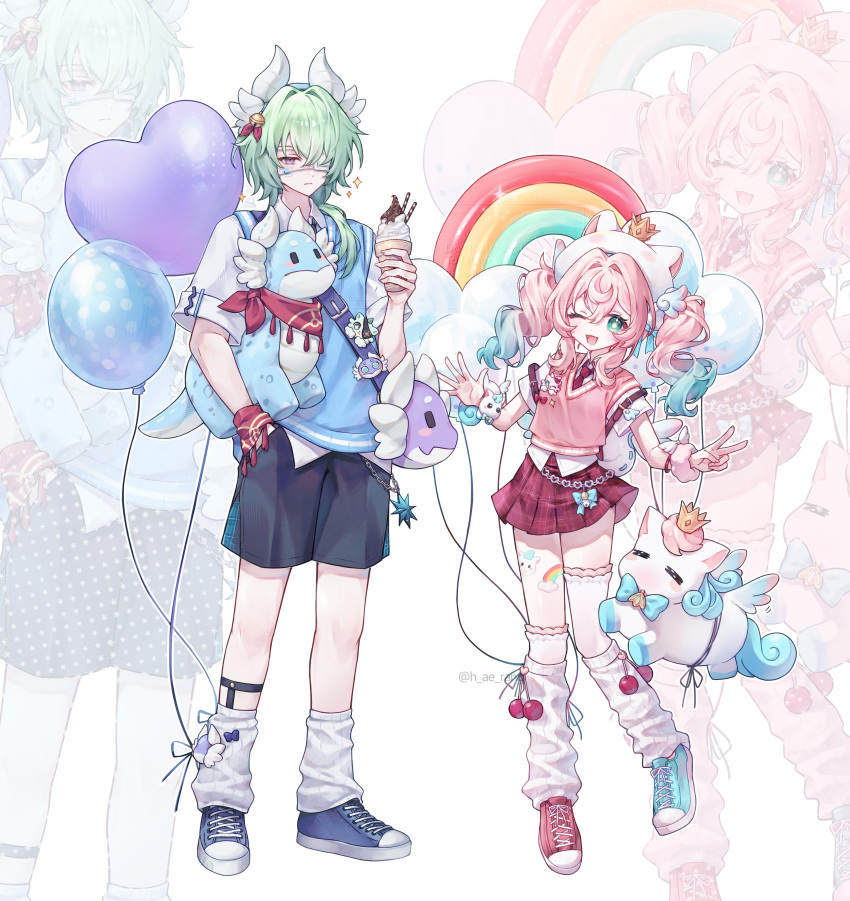1boy, 1girl, absurdres, alternate_costume, anaxa_(honkai:_star_rail), aqua_eyes, aqua_hair, aqua_shoes