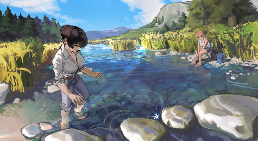 2girls, absurdres, arato_nagi, barefoot, belt, black_hair, blue_pants, bucket, chair, cloud_nine_(798392138), collared_shirt, day, denim, folding_chair, grass, hair_bun, highres, jeans, landscape, lens_flare, mountain, multiple_girls, nature, orange_hair, outdoors, pants, river, ruri_no_houseki, scenery, shirt, shorts, sitting, standing, tanigawa_ruri, tree, wading, white_shirt