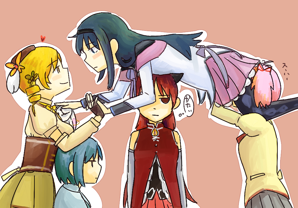 akemi_homura, blonde_hair, blue_hair, drill_hair, kaname_madoka, kyubey, long_hair, magical_girl, mahou_shoujo_madoka_magica, miki_sayaka, multiple_girls, pantyhose, pink_eyes, pink_hair, ponytail, red_eyes, red_hair, redhead, sakura_kyouko, school_uniform, short_hair, short_twintails, tknn0403, tomoe_mami, translation_request, twintails