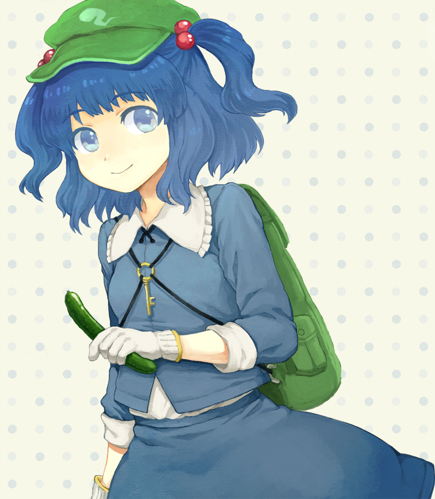 backpack, bag, blue_eyes, blue_hair, cucumber, gloves, hat, kawashiro_nitori