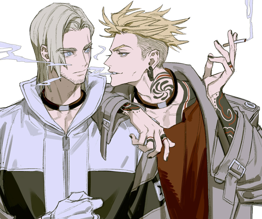 2boys, arm_tattoo, black_nails, blonde_hair, choker, cigarette, coat, enjin_(gachiakuta), finger_tattoo, gachiakuta, grey_coat, gris_rubion, hair_slicked_back, ho_wb76863, holding, holding_cigarette, jacket, male_focus, multiple_boys, neck_tattoo, red_shirt, shirt, simple_background, smoke, smoking, tattoo, upper_body, white_background, white_jacket