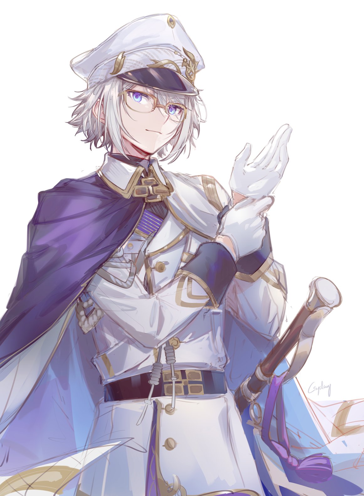 1boy, adjusting_clothes, adjusting_gloves, aiguillette, belt, bishounen, black_belt, blue_eyes