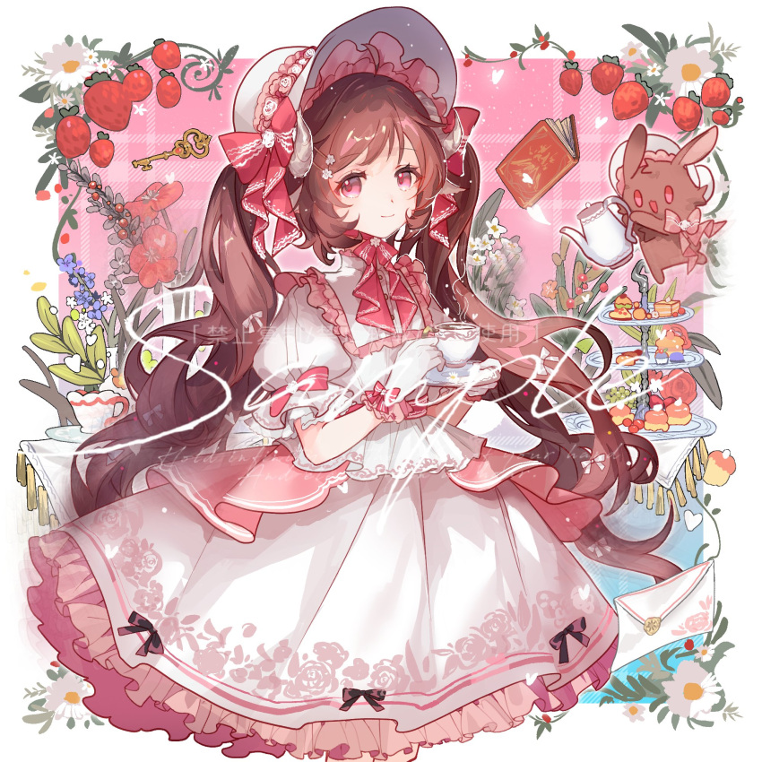 1girl, animal_ears, arknights, bonnet, brown_hair, cup, dress, eyjafjalla_(arknights)