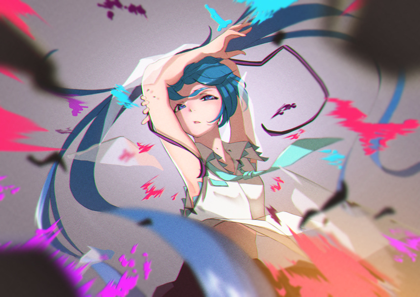 1girl, absurdres, aqua_eyes, aqua_hair, aqua_necktie, arms_up, bare_shoulders, blurry