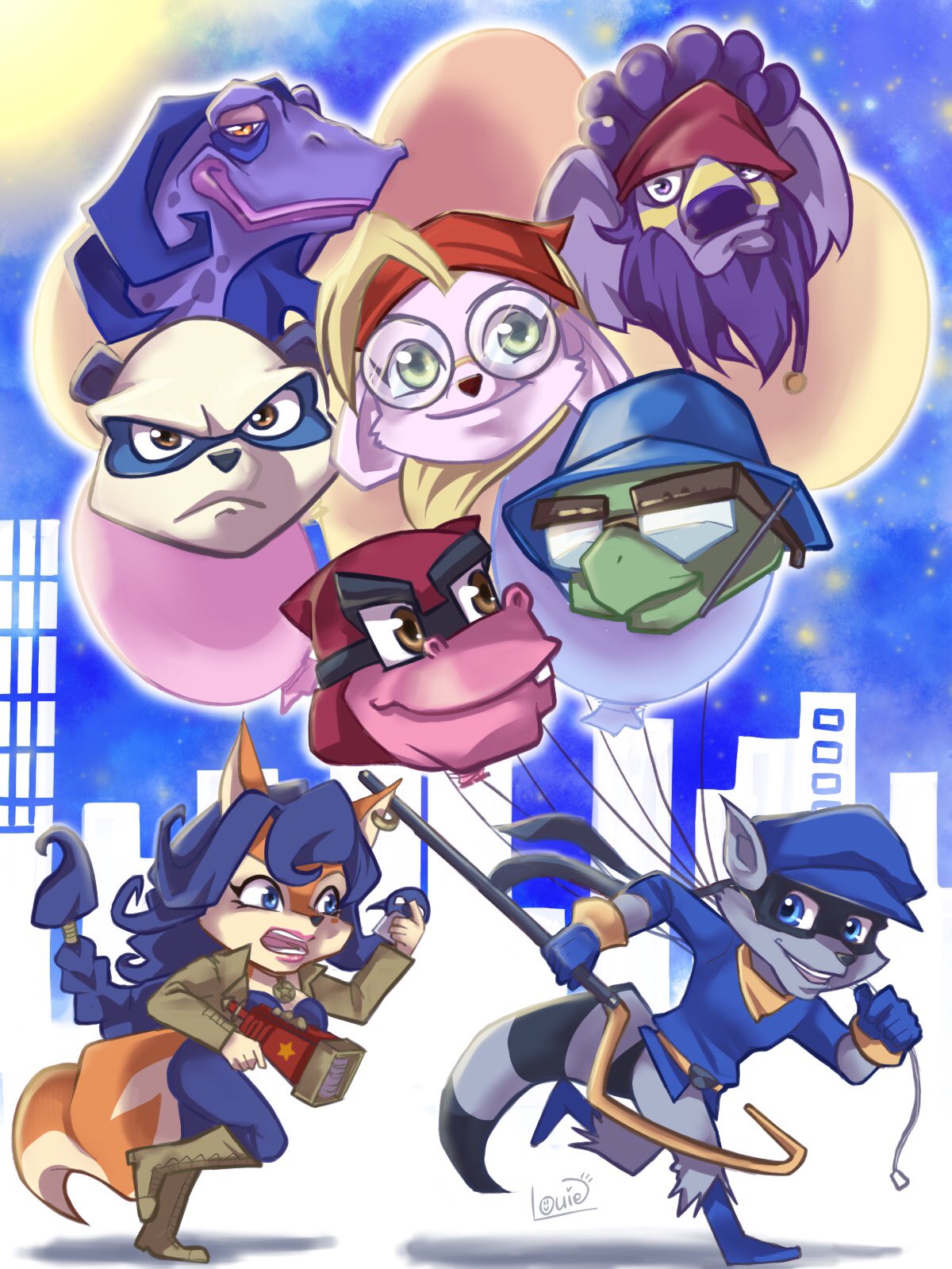 2girls, 6+boys, angry, balloon, bentley_(sly_cooper), blue_hair, blue_hat, blue_shirt