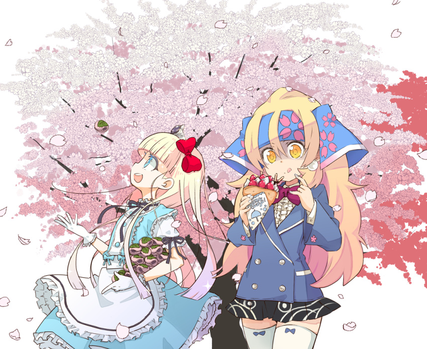 apron, black_skirt, blonde_hair, blue_dress, blue_eyes, blue_jacket, bow, cherry_blossoms