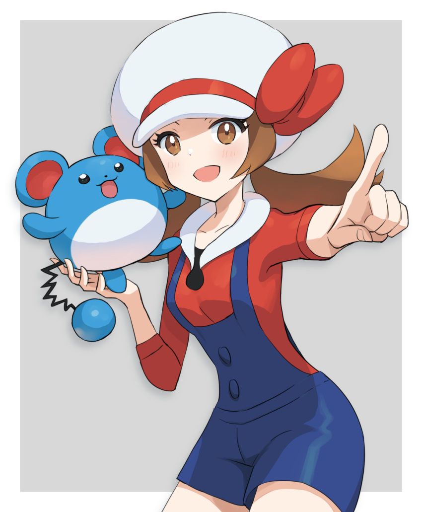 1girl, :d, blue_overalls, bow, brown_eyes, brown_hair, commentary_request, cowboy_shot