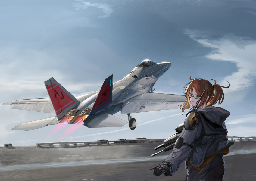 1girl, absurdres, aircraft, aircraft_carrier, airplane, black-framed_eyewear, blue_sky, brown_hair, clouds, commission, day, f-22_raptor, fighter_jet, glasses, green_eyes, highres, long_hair, military_vehicle, natf-22, on_ship, original, outdoors, pixiv_commission, ponytail, semi-rimless_eyewear, ship, sky, solo, takeoff, under-rim_eyewear, warship, watercraft, yukikaze_supersylph