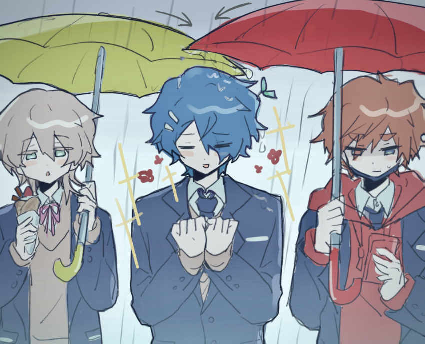 1girl, 2boys, black_mask, blazer, blue_hair, blush, bow, bowtie