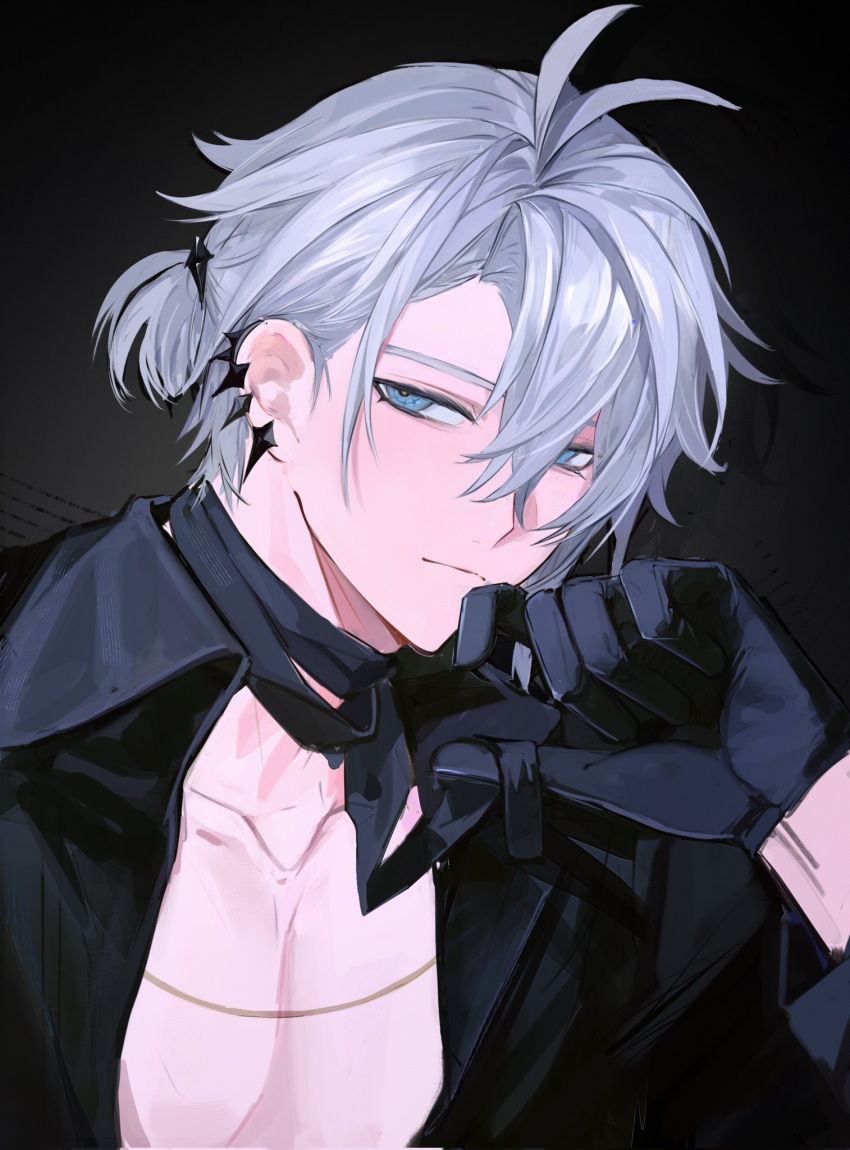 1boy, bare_pectorals, black_gloves, black_shirt, blue_eyes, closed_mouth, crossed_bangs, gloves