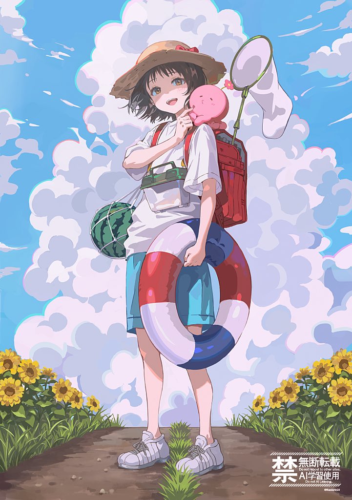 1girl, aqua_shorts, backpack, bag, black_hair, clouds, cloudy_sky, full_body, hat, kuze_shizuka, looking_at_viewer, mandaring0, open_mouth, outdoors, red_bag, shirt, short_hair, short_sleeves, shorts, sky, smile, solo, standing, straw_hat, takopii, takopii_no_genzai, teeth, upper_teeth_only, white_shirt, yellow_eyes