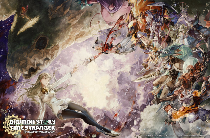 6+boys, 6+girls, aegiomon, apollomon, bacchusmon, bird, black_vest, blonde_hair