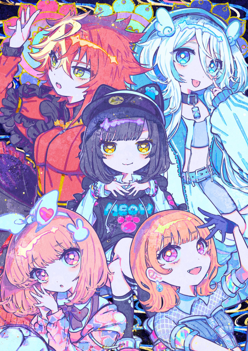 5girls, angel_wings, animal_hat, arm_up, arms_up, belt_collar, black_gloves, black_hair