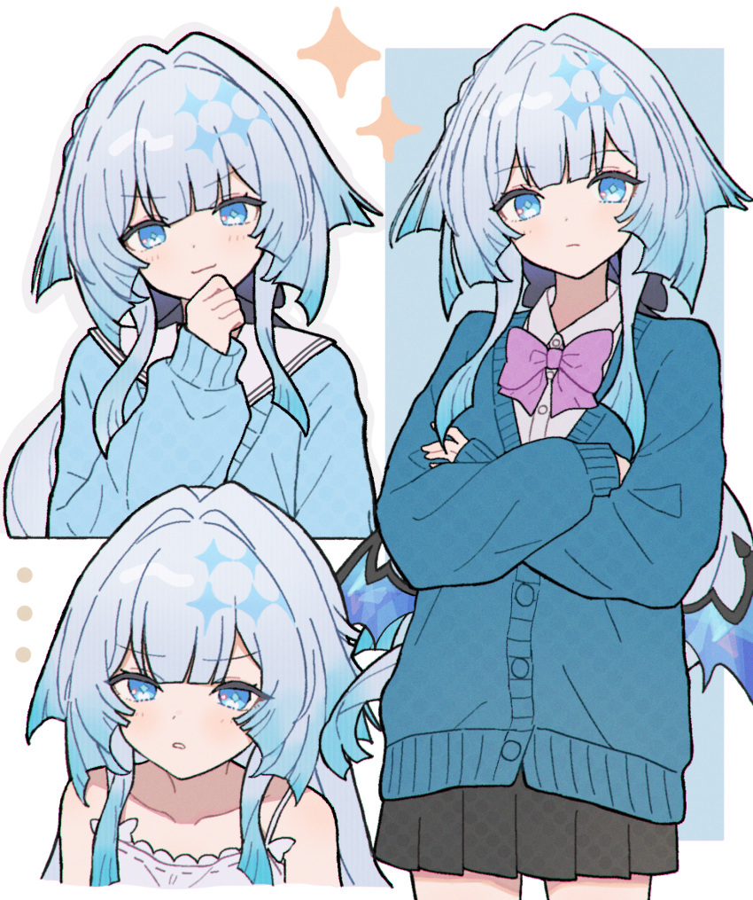 1girl, alternate_costume, anaketsu, black_skirt, blue_eyes, blue_hair, blue_sweater, bow