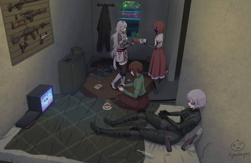 4girls, ^_^, alcohol, anger_vein, artificial_eye, aybabayay, bag_of_chips, black_bodysuit