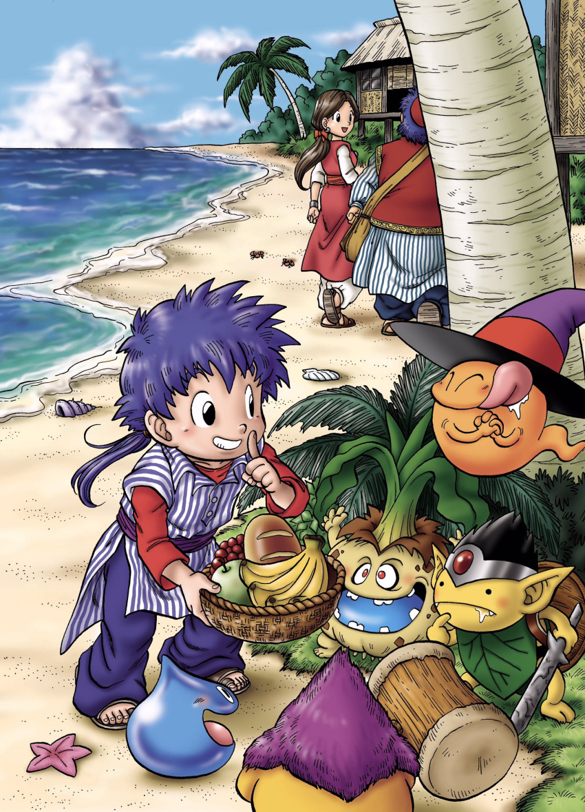 1girl, 2boys, apple, bag, banana, beach, black_eyes, blue_hair