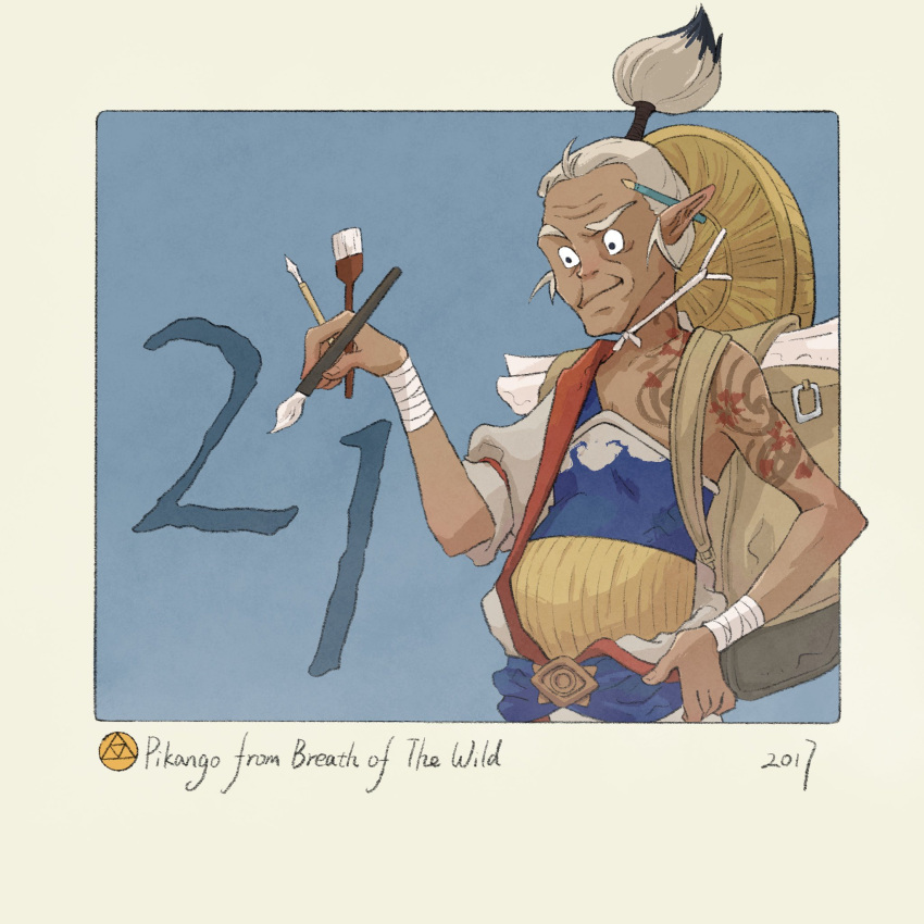 1boy, blue_background, character_name, commentary, copyright_name, english_commentary, highres, holding, holding_brush, old, old_man, paintbrush, pencil_behind_ear, pikango, pointy_ears, sheikah, shoulder_tattoo, single_off_shoulder, solo, tattoo, the_legend_of_zelda, the_legend_of_zelda:_breath_of_the_wild, triforce, white_hair, yangyaozigo