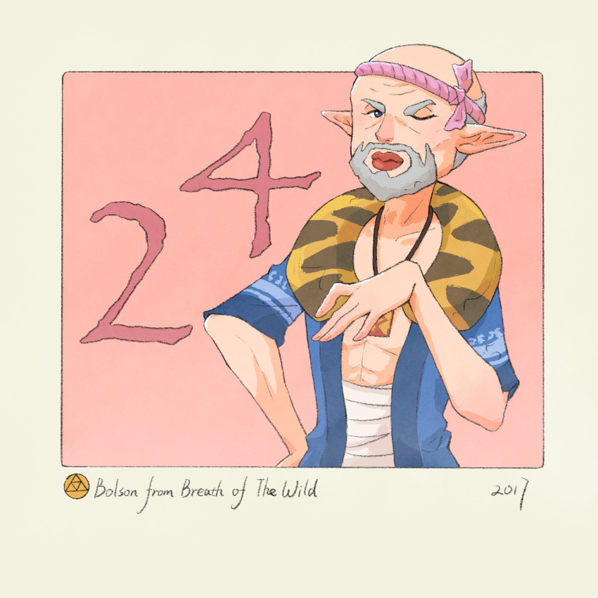 1boy, abs, animal_print, bald, beard, blue_shirt, bolson_(zelda), character_name, chest_sarashi, commentary, copyright_name, english_commentary, facial_hair, highres, jewelry, lipstick, looking_at_viewer, makeup, male_focus, necklace, one_eye_closed, pink_background, pointy_ears, red_lips, sarashi, shirt, solo, the_legend_of_zelda, the_legend_of_zelda:_breath_of_the_wild, tiger_print, triforce, yangyaozigo