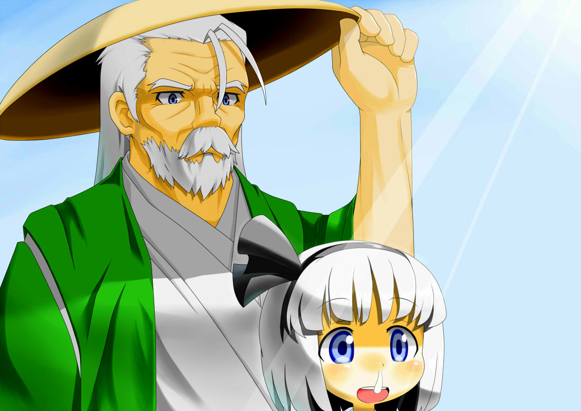 beard, blue_eyes, blush, child, face, facial_hair, grey_hair, hairband