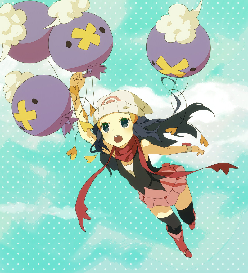 1girl, balloon, bare_shoulders, beanie, black_legwear, blue_eyes, blue_hair, boots