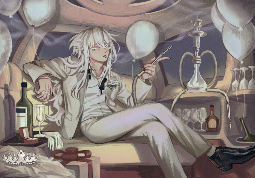 1boy, absurdres, balloon, black_nails, blowing_smoke, bottle, box, car, car_interior, car_seat, colored_eyelashes, crossed_bangs, cup, dress_shoes, drinking_glass, facing_to_the_side, fingernails, gift, gift_box, glass, gloves, hair_between_eyes, highres, holding, holding_hose, hookah, hose, jacket, jacket_partially_removed, jewelry, kaida_shion, limousine, limousine_interior, long_fingernails, long_hair, long_sleeves, looking_at_viewer, loose_hair_strand, male_focus, motor_vehicle, multicolored_hair, multiple_rings, nail_polish, pants, paradox_live, parted_bangs, parted_lips, red_eyes, ring, ring_box, rose_pin, shirt, socks, solo, solo_focus, suit, swept_bangs, tiara, white_hair, white_pants, white_shirt, white_socks, white_suit, wine_bottle, wine_glass