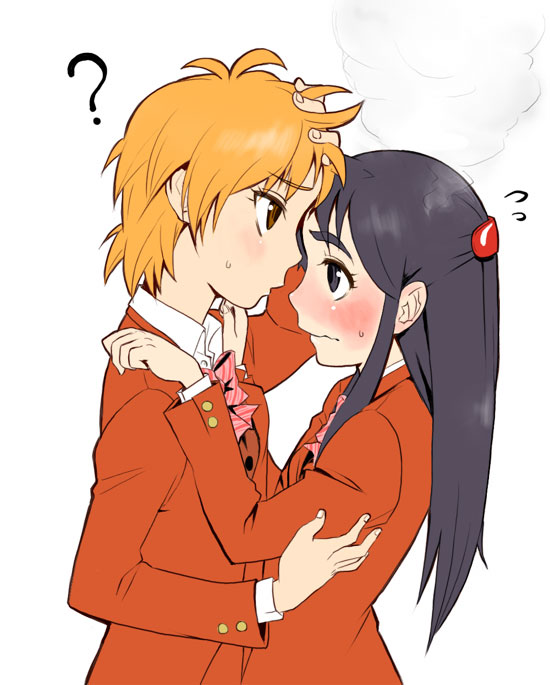 blush, cure_black, cure_white, forehead_to_forehead, futari_wa_precure, futari_wa_pretty_cure, misumi_nagisa, multiple_girls, precure, pretty_cure, steam, takano_saki, wavy_mouth, yukishiro_honoka, yuri