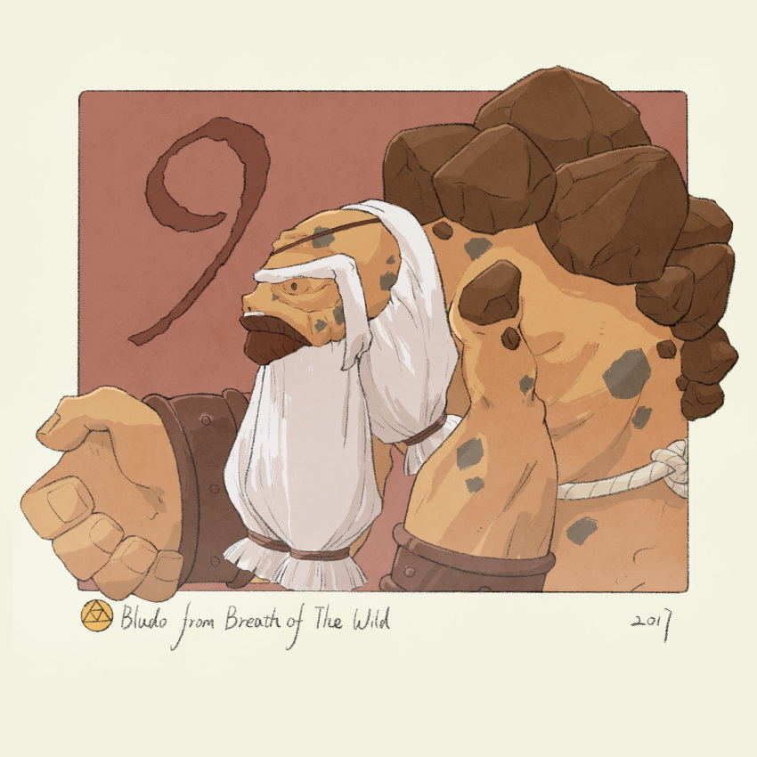 1boy, beard, bludo, character_name, commentary, copyright_name, english_commentary, facial_hair, goron, highres, looking_to_the_side, red_background, solo, the_legend_of_zelda, the_legend_of_zelda:_breath_of_the_wild, triforce, yangyaozigo