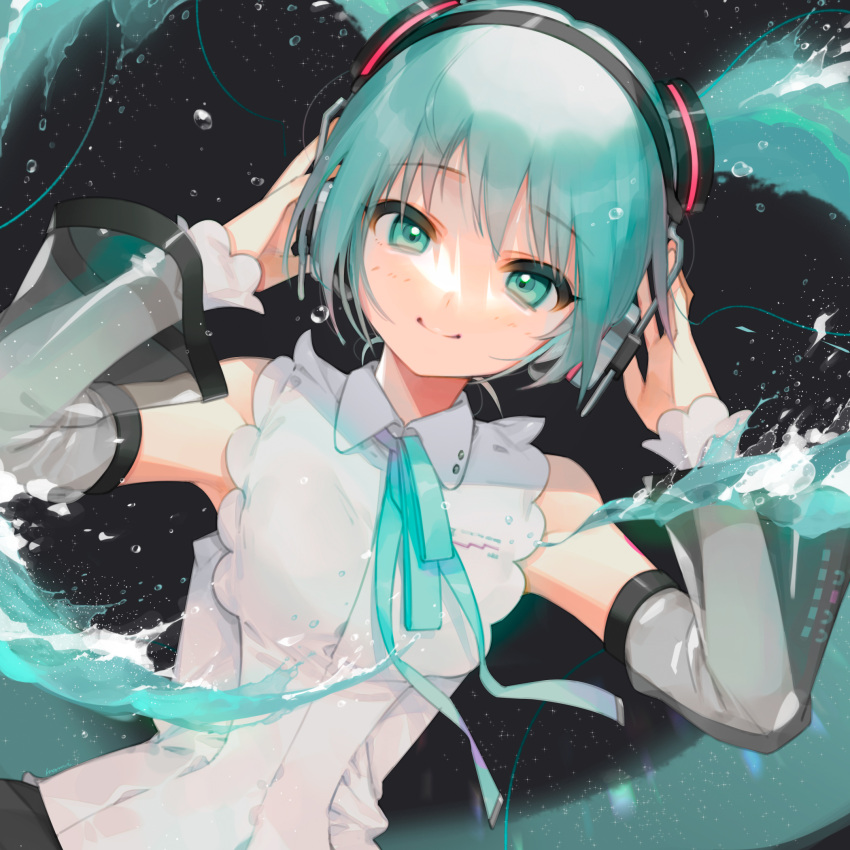 1girl, arms_up, black_background, earphones, green_eyes, green_hair, hair_ornament, hatsune_miku