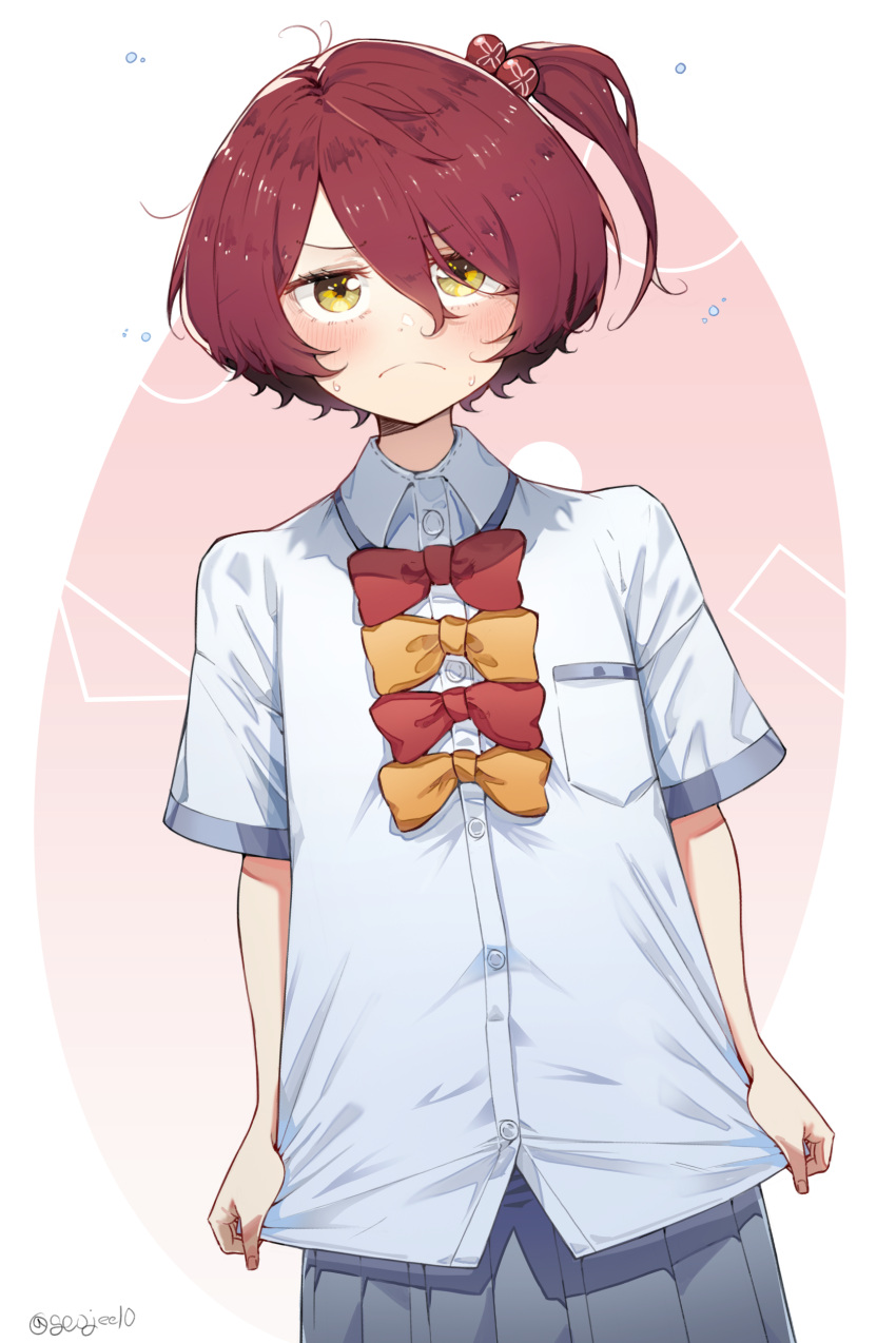 1girl, absurdres, bow, bowtie, buttons, collared_shirt, commentary_request, frown, grey_skirt, hair_bobbles, hair_ornament, highres, jeehyung_seo, komari_chika, looking_at_viewer, make_heroine_ga_oo_sugiru!, one_side_up, pleated_skirt, red_bow, red_bowtie, red_hair, school_uniform, shirt, short_hair, short_sleeves, skirt, solo, sweat, tsuwabuki_high_school_uniform, twitter_username, white_shirt, yellow_bow, yellow_bowtie, yellow_eyes
