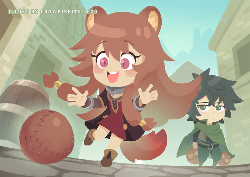 1boy, 1girl, 2others, :d, animal_ears, artist_name, ball, balloon_(tate_no_yuusha_no_nariagari)