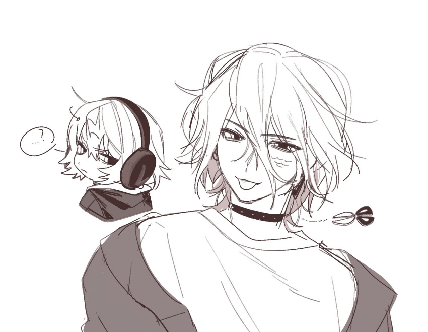 2boys, ?, alternate_hairstyle, black_choker, chibi, choker, collared_shirt, double-parted_bangs, earrings, hair_between_eyes, headphones, highres, hood, hoodie, jacket, jewelry, kaida_shion, l99_2km, looking_back, loose_hair_strand, male_focus, mikoshiba_kenta, monochrome, multicolored_hair, multiple_boys, narrowed_eyes, open_clothes, open_jacket, paradox_live, scales, scissors, shirt, short_hair, simple_background, spoken_question_mark, tongue, tongue_out, upper_body, white_background, white_shirt