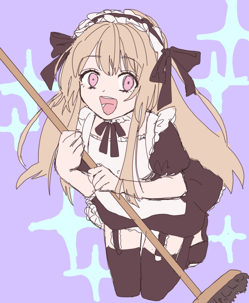 1girl, alternate_costume, aota_7277, black_dress, black_ribbon, black_shoes, black_thighhighs, broom