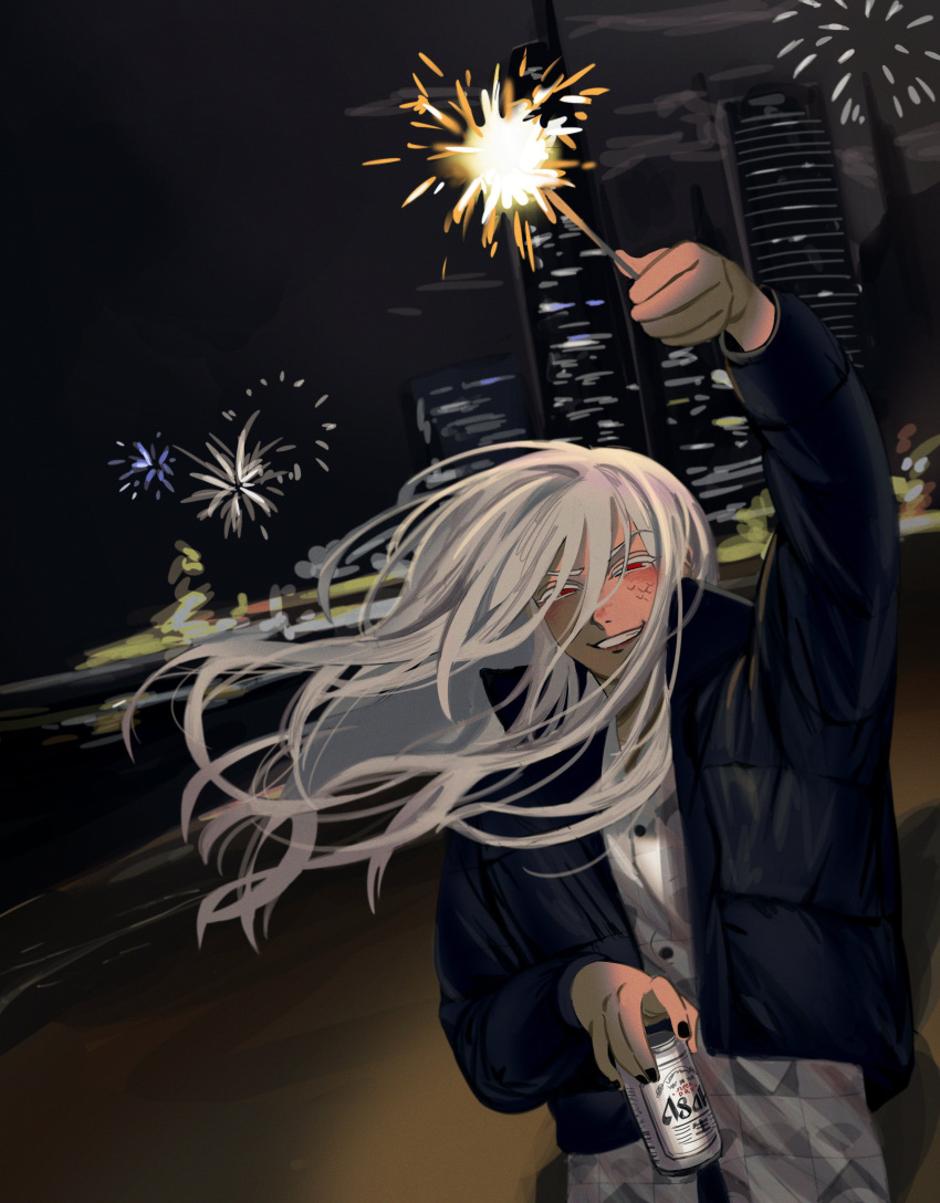 1boy, 3overdose3, absurdres, aerial_fireworks, alcohol, arm_up, beach, blush, can, city, city_lights, cityscape, collar, colored_eyelashes, down_jacket, drunk, firework_background, fireworks, hair_between_eyes, hair_flowing_over, highres, holding, holding_can, holding_fireworks, jacket, kaida_shion, long_hair, long_sleeves, looking_at_viewer, male_focus, multicolored_hair, nail_polish, night, night_sky, outdoors, paradox_live, parted_lips, patterned_clothing, red_eyes, scales, shirt, sidelocks, sky, smile, solo, sparkler, squinting, white_hair, white_shirt