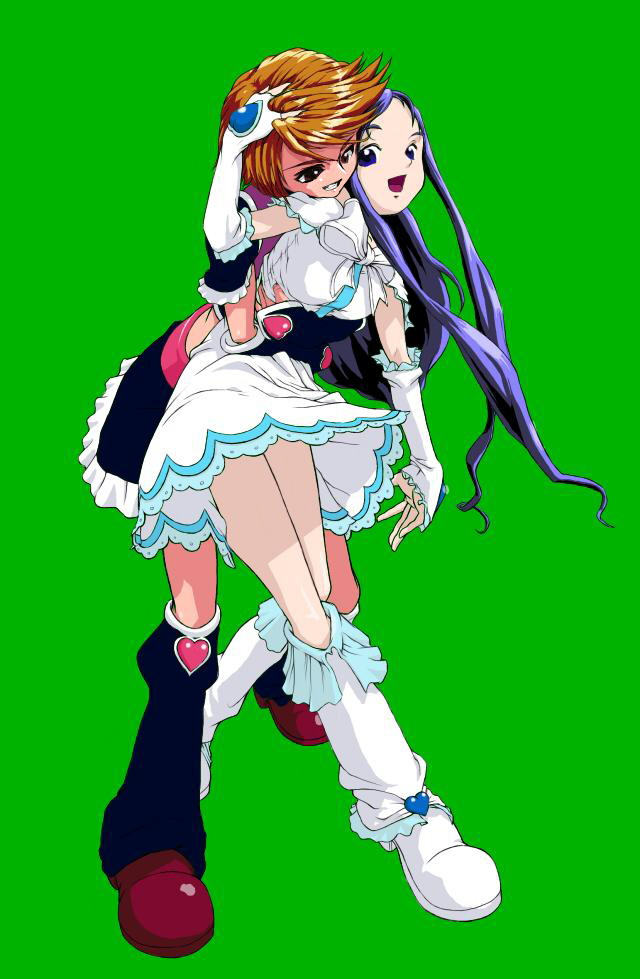 cure_black, cure_white, f_(pixiv), futari_wa_precure, futari_wa_pretty_cure, green_background, heart, magical_girl, misumi_nagisa, multiple_girls, mutual_yuri, precure, pretty_cure, skirt, yukishiro_honoka, yuri