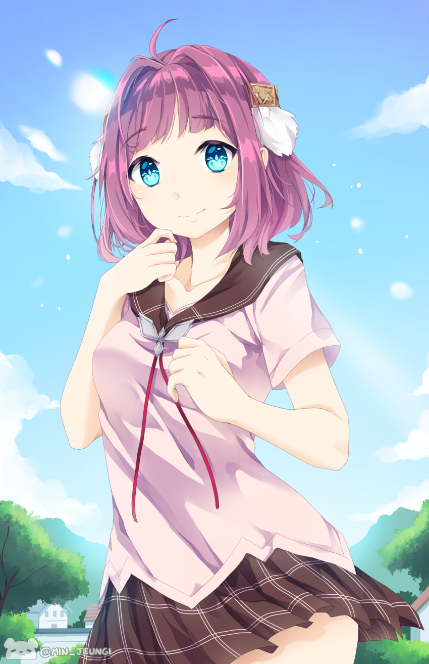 1girl, ahoge, ao_no_kanata_no_four_rhythm, blue_eyes, blue_pupils, blue_sky, blunt_bangs, brown_sailor_collar