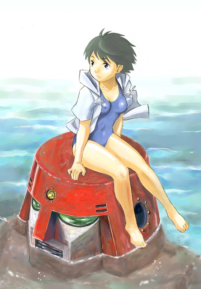 black_hair, feet, feet_in_water, gonta_(kmga), jacket, legs, mecha, ocean