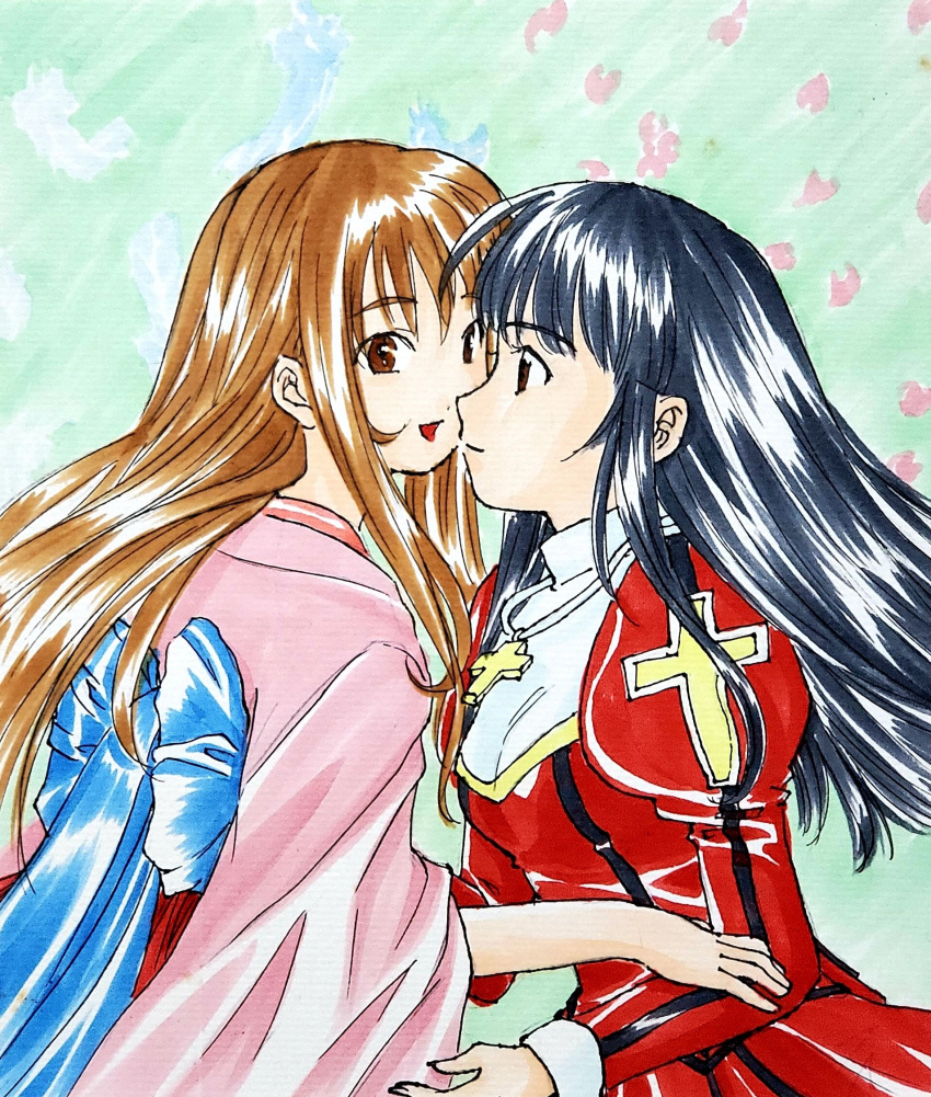 2girls, alternate_hairstyle, black_hair, blue_ribbon, brown_eyes, brown_hair, collar, cosplay