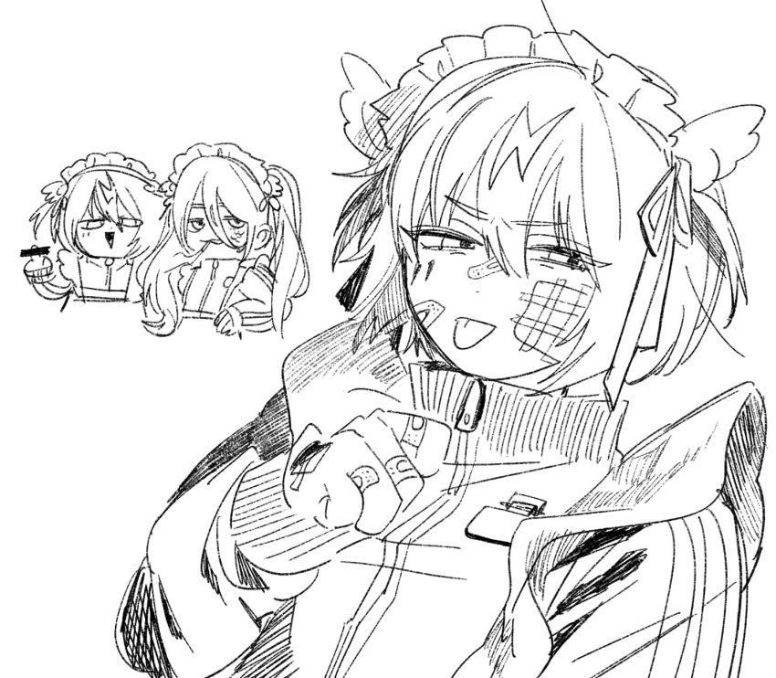 apron, bandages, bandaid, bandaid_on_face, bandaid_on_hand, bob_cut, bright_pupils, chibi