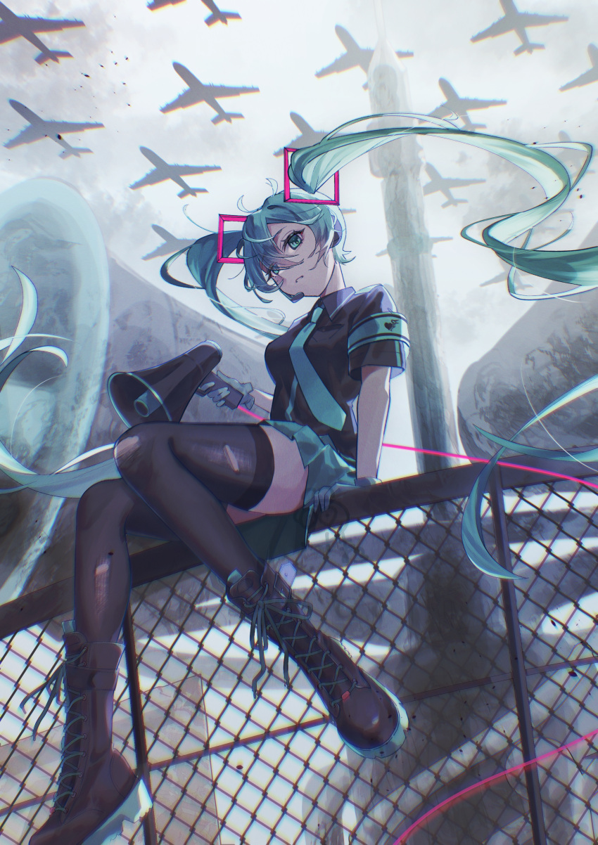 114_usamaro, 1girl, absurdres, aqua_eyes, aqua_hair, b-52_stratofortress, black_shirt, black_shoes
