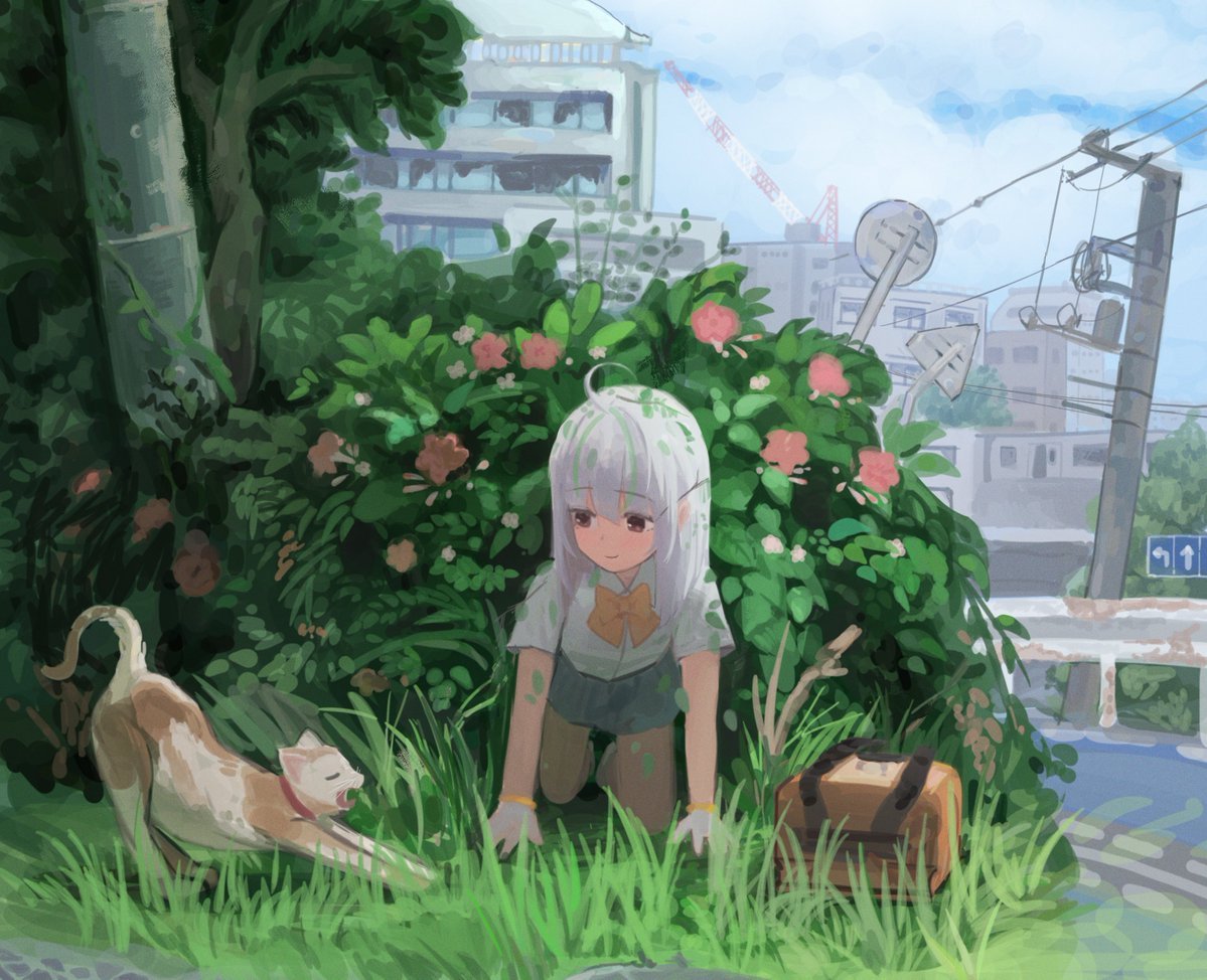 1girl, admi_(nikke), ahoge, all_fours, bag, bow, bowtie, building