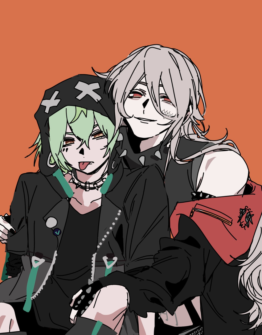 2boys, armlet, choker, collar, green_hair, hair_between_eyes, highres, holding