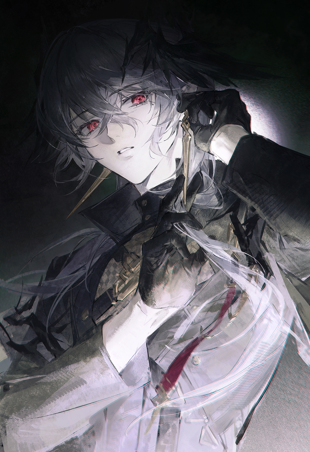 1boy, arknights, black_gloves, character_request, check_character, earrings, gloves, grey_hair