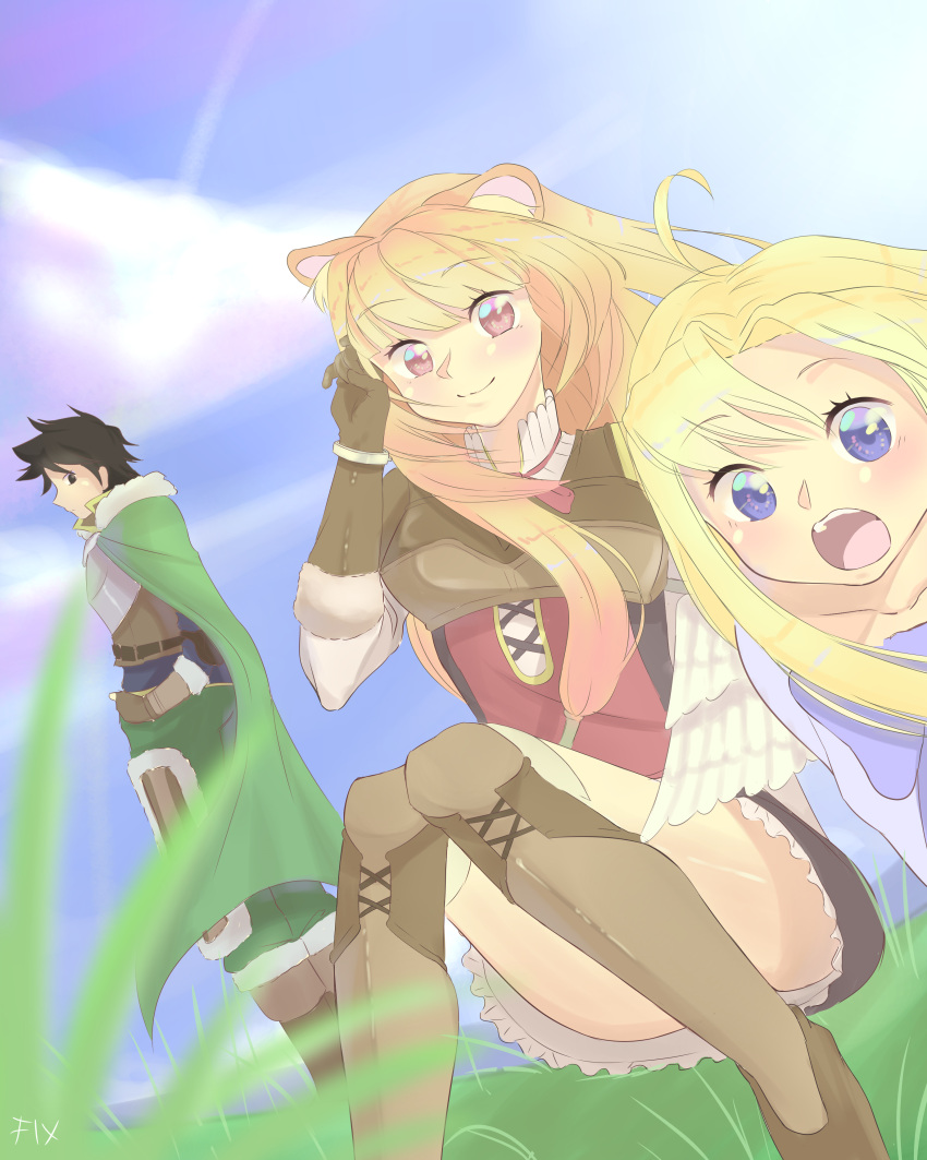 1boy, 2girls, :o, absurdres, ahoge, alternate_eye_color, armor, armored_boots, armored_gloves, belt, bird_girl, bird_wings, black_belt, black_dress, black_eyes, black_hair, black_shirt, blonde_hair, blue_bow, blue_sky, blunt_bangs, blush, boots, bow, breastplate, breasts, brown_boots, brown_gloves, brown_hair, brown_shirt, chest_bow, cloak, closed_mouth, clouds, cloudy_sky, collarbone, collared_dress, collared_shirt, day, dress, dutch_angle, elbow_gloves, feathered_wings, filo_(tate_no_yuusha_no_nariagari), fingerless_gloves, floating_hair, forehead, full_body, fur-trimmed_armor, fur-trimmed_cloak, fur-trimmed_gloves, fur_trim, gloves, grass, green_cloak, green_pants, high_collar, highres, iwatani_naofumi, knee_boots, layered_dress, layered_shirt, leather_armor, long_hair, long_sleeves, looking_at_viewer, looking_to_the_side, medium_breasts, messy_hair, metal_arm_cuffs, metal_wrist_cuffs, multiple_girls, neck_ribbon, open_mouth, outdoors, overfix, pants, pauldrons, pink_eyes, pinstripe_dress, pinstripe_pattern, raphtalia, red_dress, red_ribbon, ribbon, shiny_skin, shirt, short_dress, short_hair, shoulder_armor, single_pauldron, sky, sleeveless, sleeveless_dress, smile, squatting, straight_hair, sunlight, swept_bangs, tassets, tate_no_yuusha_no_nariagari, teeth, thighs, tongue, two-tone_dress, upper_teeth_only, white_dress, white_wings, wings