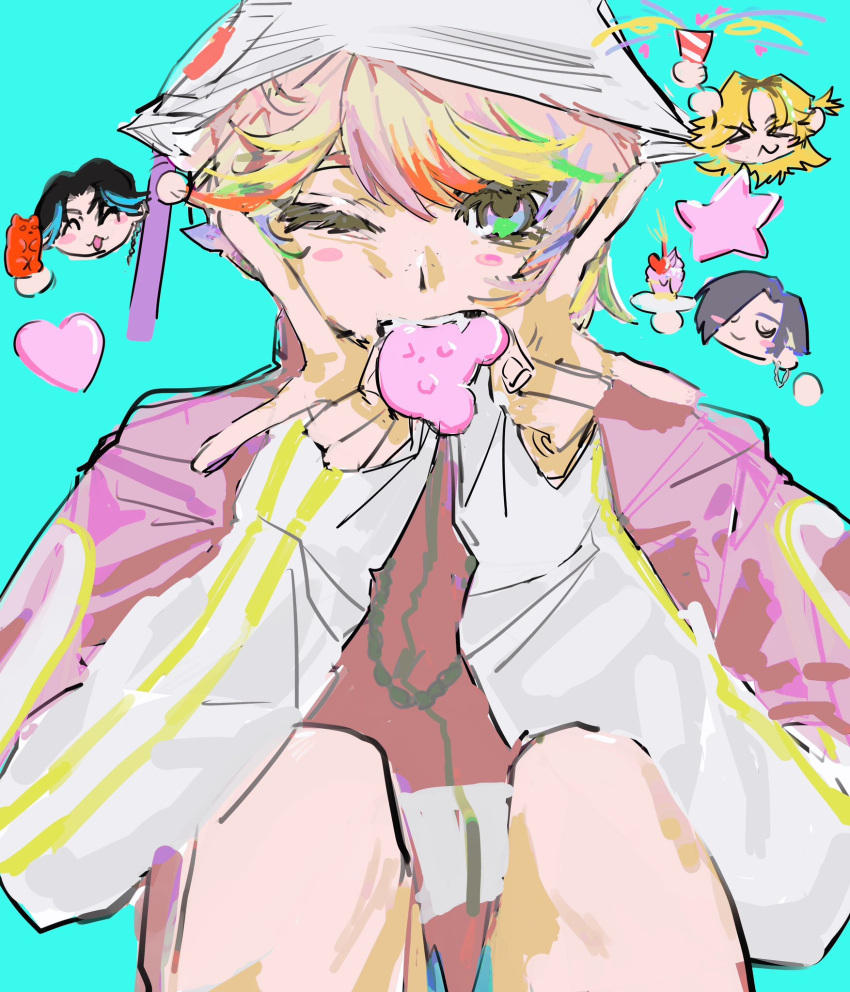 1boy, biting, bucket_hat, candy, colorful, decora, fang, food