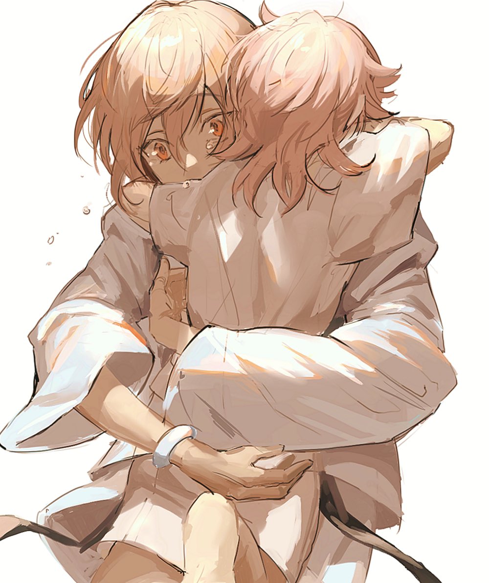 2boys, aged_down, arms_around_neck, bracelet, crying, crying_with_eyes_open, holding, hospital_gown