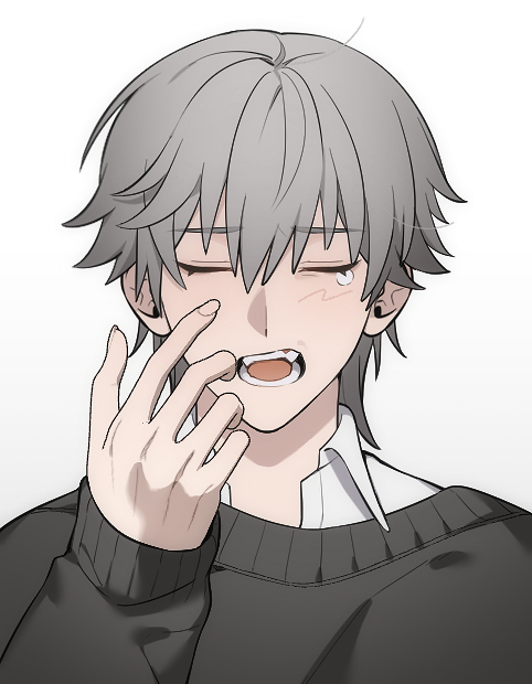 1boy, alternate_costume, black_sweater, blush, caelus_(honkai:_star_rail), closed_eyes, collared_shirt, fangs