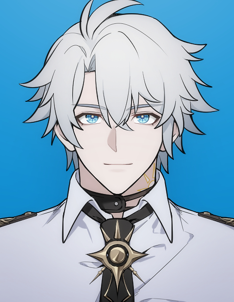 1boy, alternate_costume, antenna_hair, black_choker, black_necktie, blue_background, blue_eyes, choker