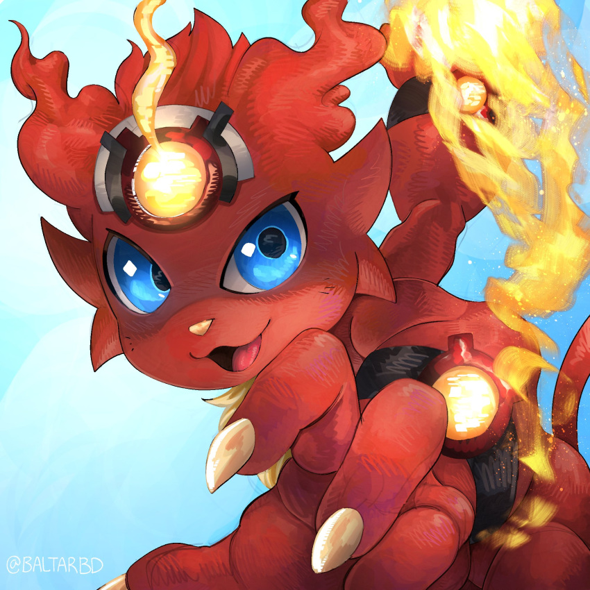 baltarbd, blue_background, blue_eyes, coronamon, cowboy_shot, digimon, digimon_(creature), fire